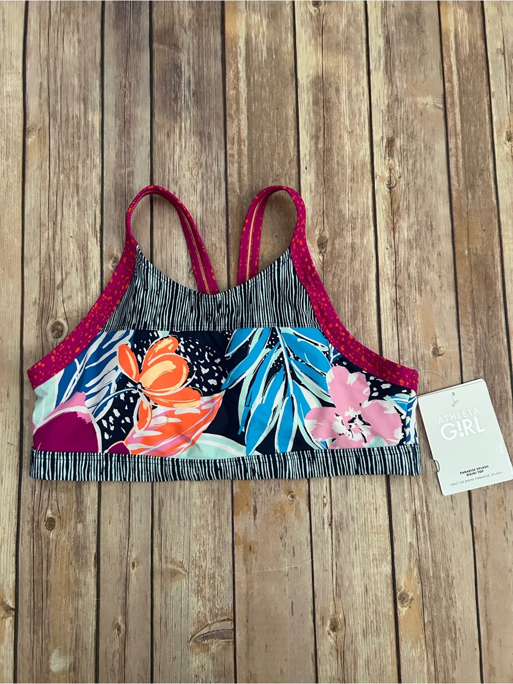 Athleta Girl Floral & Stripe Bikini Top - Pink, Blue, Navy
